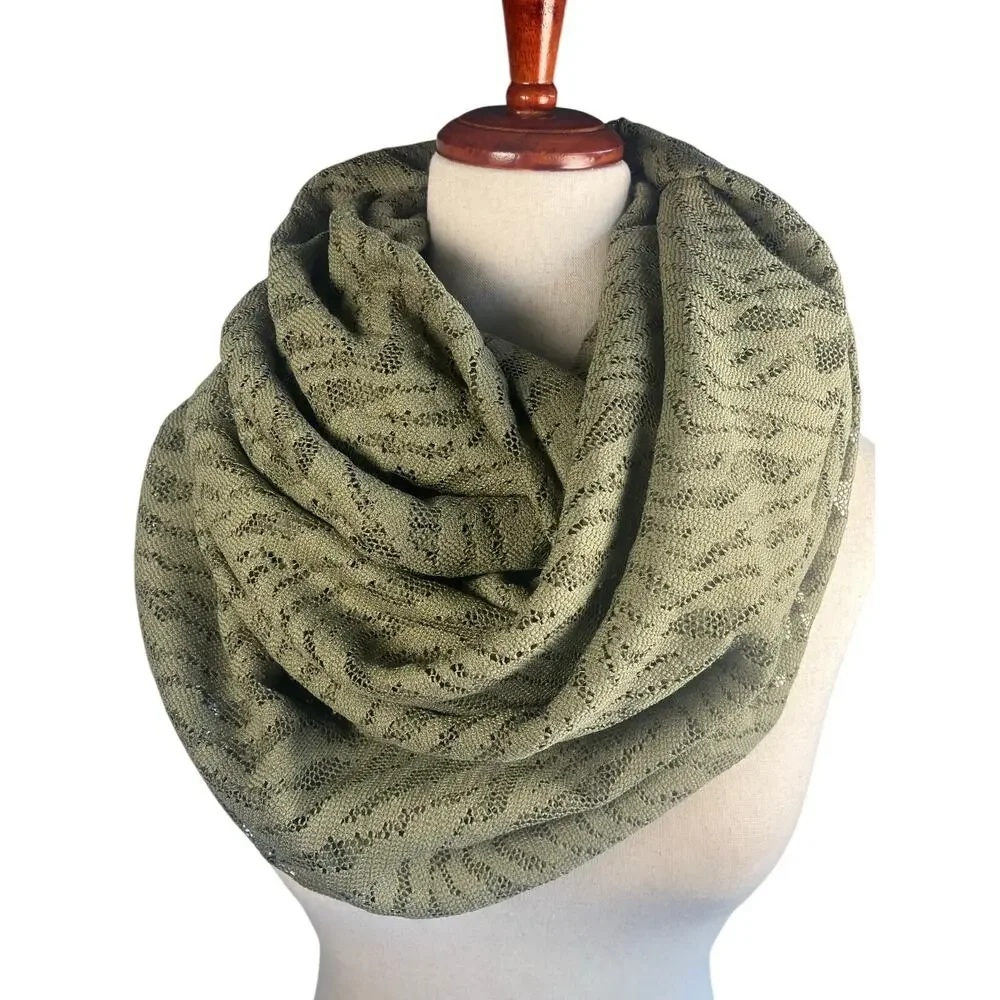 Olive Green Knit Infinity Scarf Lightweight Open Knit Boho Circle Scarf
